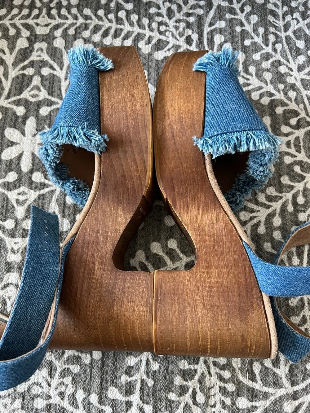 Free people frayed denim chunky wood heel platform sandals